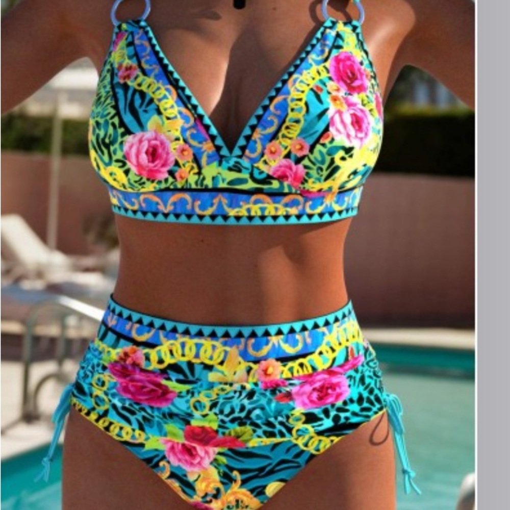 Blue and Yellow High-Waisted Bikini Set with Tropical Print